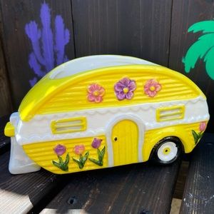 Cute Retro Yellow Ceramic Camper Van Planter w/ Hand-Painted Flowers